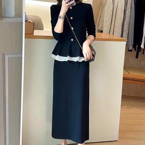 香港法式高级感假两件长袖连衣裙女秋季大码胖mm独特收腰显瘦长裙