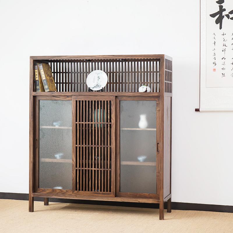 新中式餐边柜实木柜免漆茶室老榆木储物柜子现代简约禅意家具