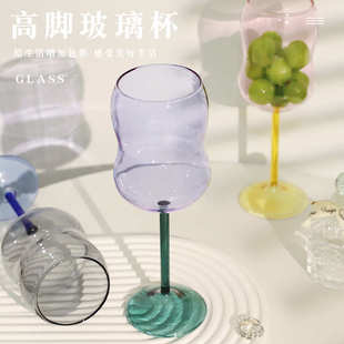 耐高温家用酒杯玻璃水杯子 高颜值ins风高脚撞色高硼硅彩色玻璃杯