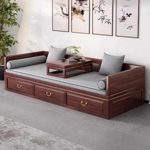 新中式罗汉床乌金木实木推拉床客厅贵妃榻伸缩储物带抽屉箱沙发床