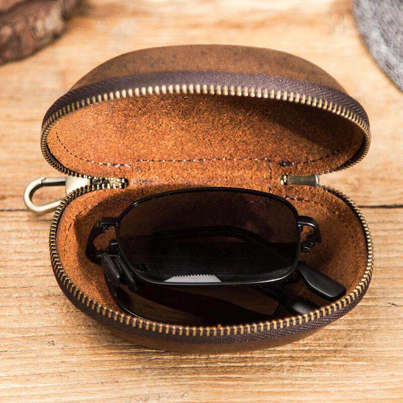 Vintage Cow Leather Protable Folding Sunglasses Protector Tr