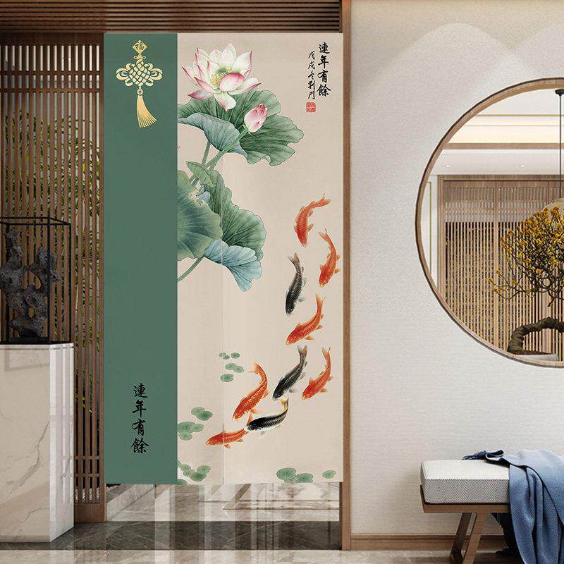 中式荷花九鱼帘子隔断帘卧室房间家用门帘卫生间遮挡帘免打孔挂帘