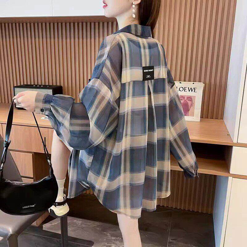 格子衬衫女式夏季薄2025新款韩式休闲中长开襟羊毛衫防晒服夹克上