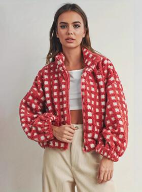 Plush red checkered coat for women