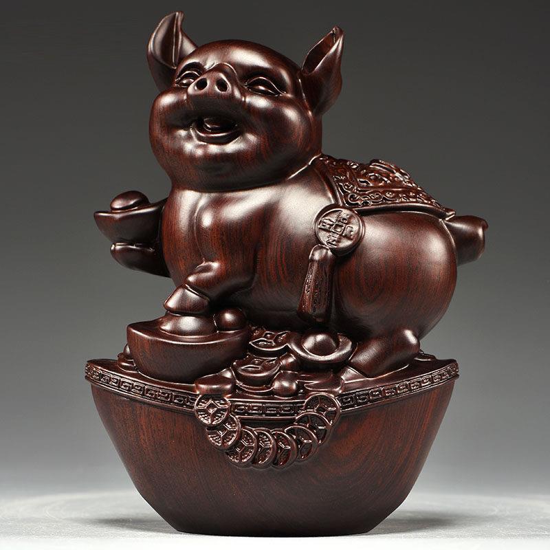 黑檀实木雕刻猪摆件木质大号生肖动物猪家居客厅玄关装饰工艺礼品
