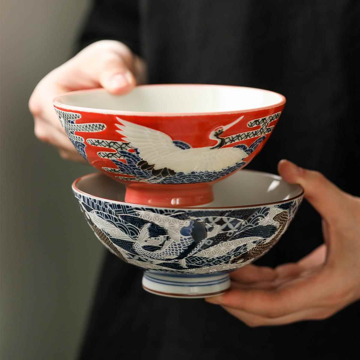 日本进口美浓烧家用陶瓷米饭碗锦鲤仙鹤日式釉下彩复古餐具汤面碗