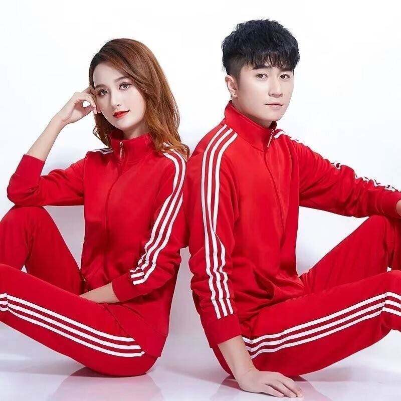 春秋季三杆流行运动休闲套装男女情侣青少年立领广场舞团队校服潮
