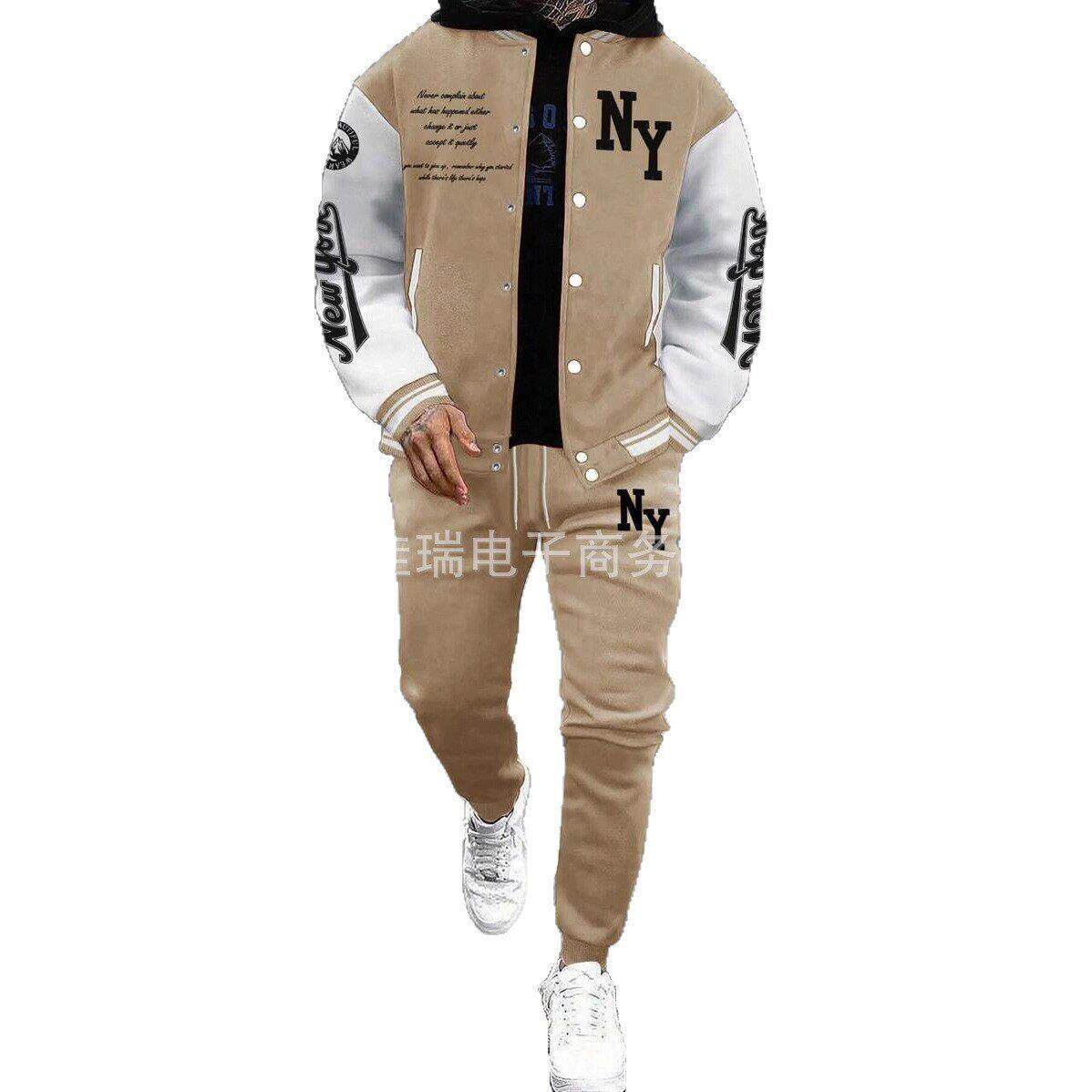 Men's Letter Print Slogan Baseball Jacket & Pants Two-piece - 实物图
