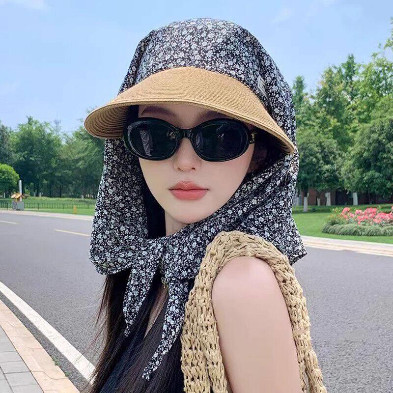 绑带丝巾草帽女防晒帽夏季抗UV新款遮发护颈遮阳帽遮阳帽