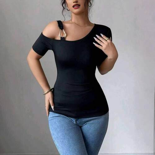 Solid Color Asymmetric Neck Slim Women T-shirt