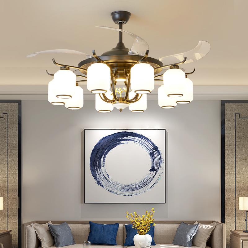 新中式餐厅吊灯中国风隐形吊扇灯客厅卧室家用静音带电扇一体吊灯