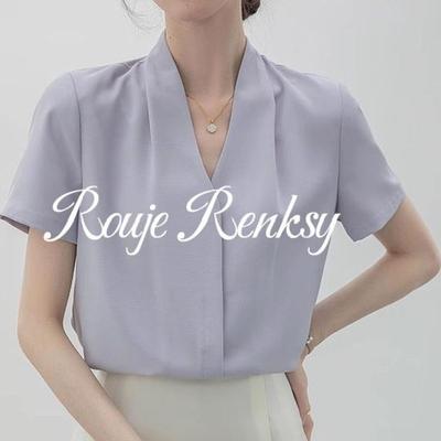 法国rouje renksy法式气质通勤V领设计小众简约雪纺短袖衬衫女夏