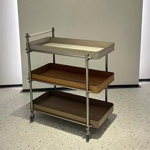 极简可移动沙发边几置物架设计师款 轻奢马鞍皮小推车实木三层边几