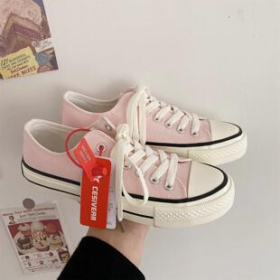 女士软底不累脚帆布鞋2026春夏季新款樱花粉女百搭系带低帮复古鞋