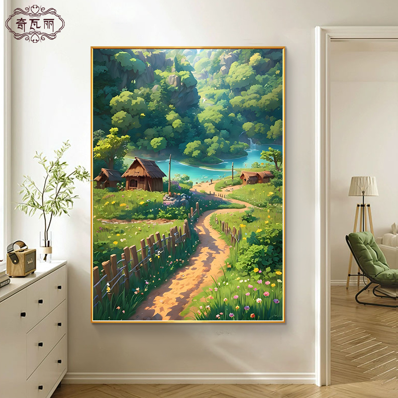 宫崎骏手绘油画入户玄关装饰画绿水青山客厅沙发背景墙挂画大芬村