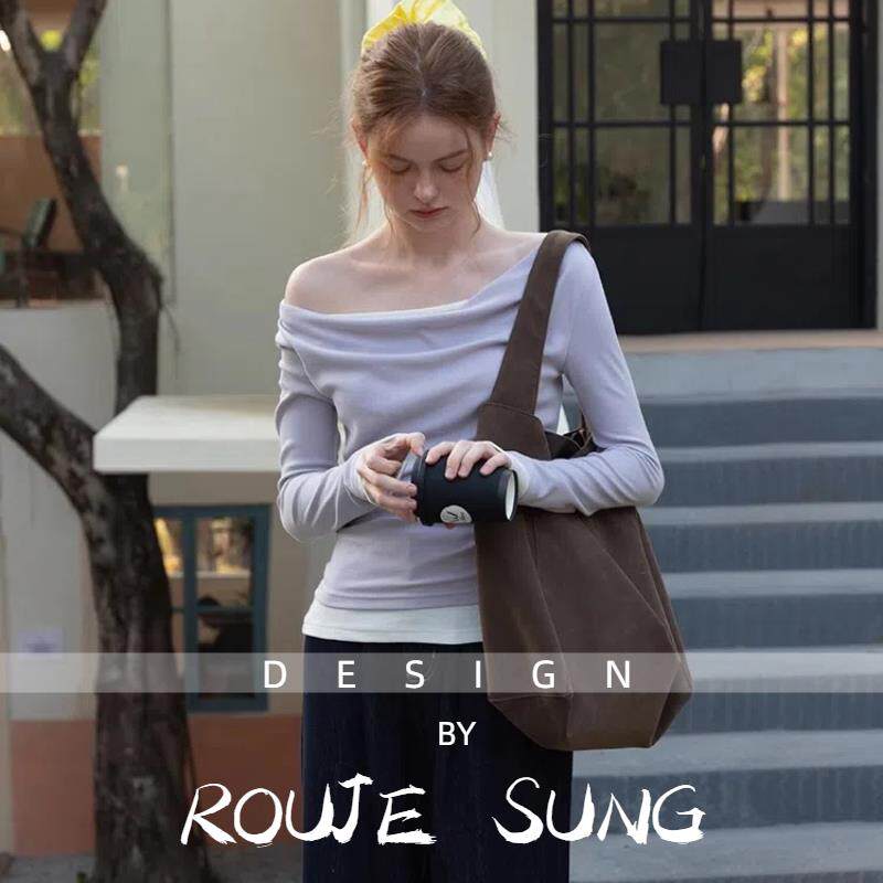 ROUJE SUNG紫色软糯假两件荡领一字肩T恤女秋季长袖气质内搭上衣