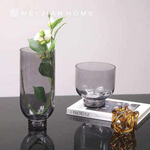 现代简约欧式轻奢宽口灰色焦糖色玻璃花器花瓶摆件样板房售楼饰品
