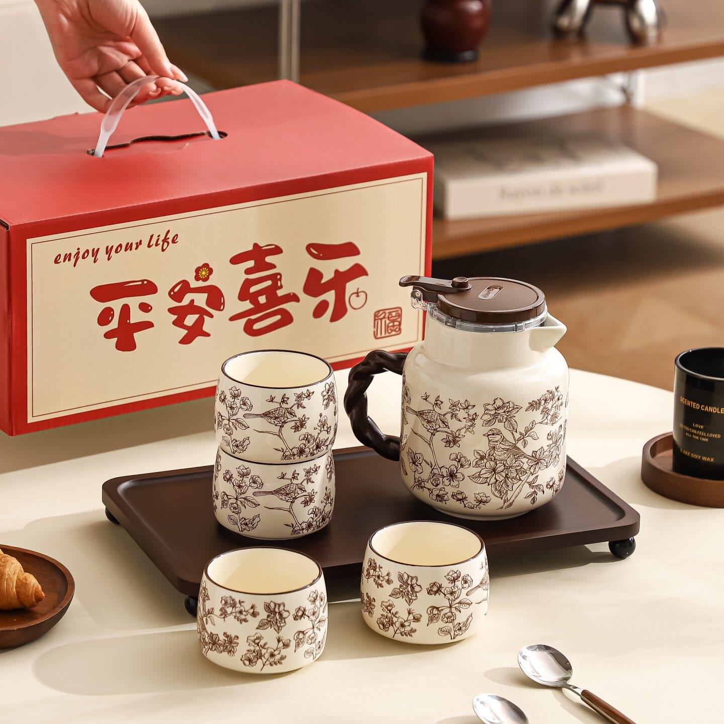 新款中式陶瓷茶具套组花鸟图案茶壶茶杯礼盒装水壶水杯水具新婚礼