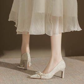 香槟色婚鞋粗跟法式珍珠高跟鞋敬酒鞋婚纱秀禾两穿结婚鞋子新娘鞋
