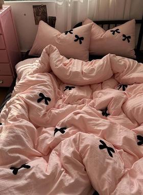 简约少女粉色拼黑色蝴蝶结毛巾绣水洗棉四件套床单宿舍被套三件套
