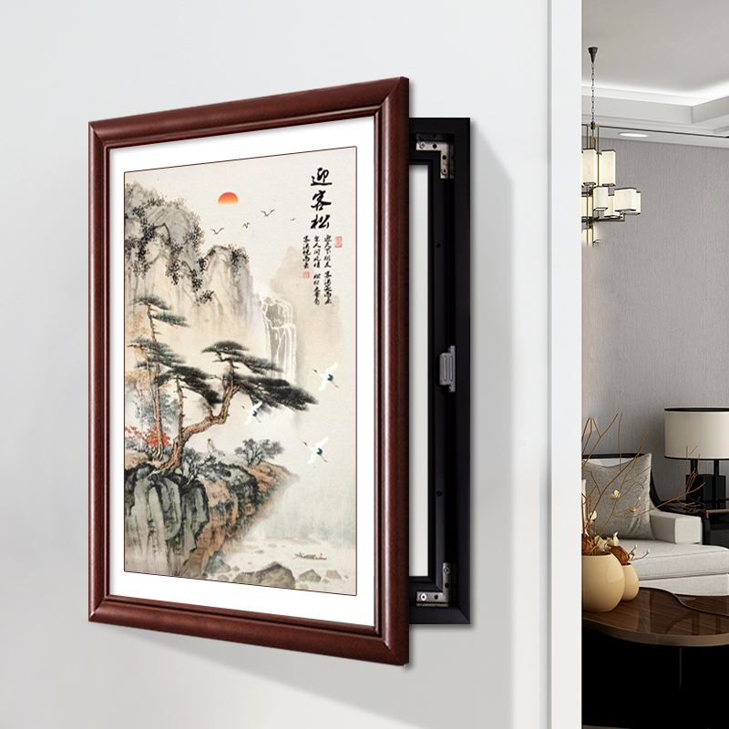 迎客松新中式电表箱装饰画免打孔竖款配电箱电闸箱开关遮挡盒挂画