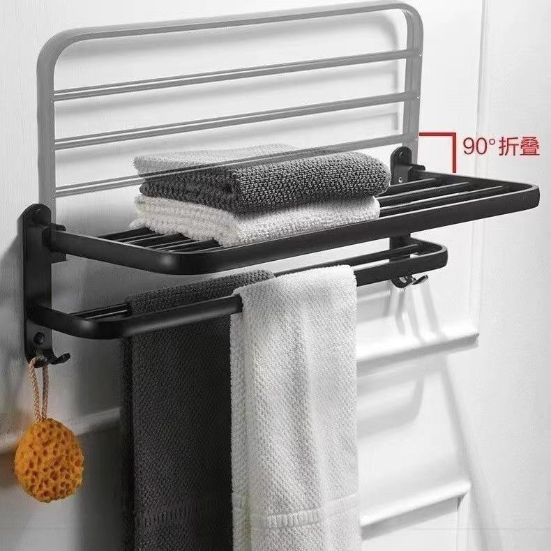 黑色浴室毛巾架免打洗孔间手卫生太空铝/置物架挂壁式单折叠浴巾
