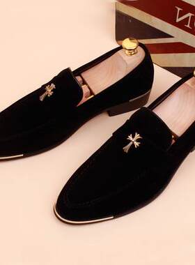 正品秋款男式发韩版尖头休闲皮鞋英式潮流翻毛皮内增高春鞋男套脚