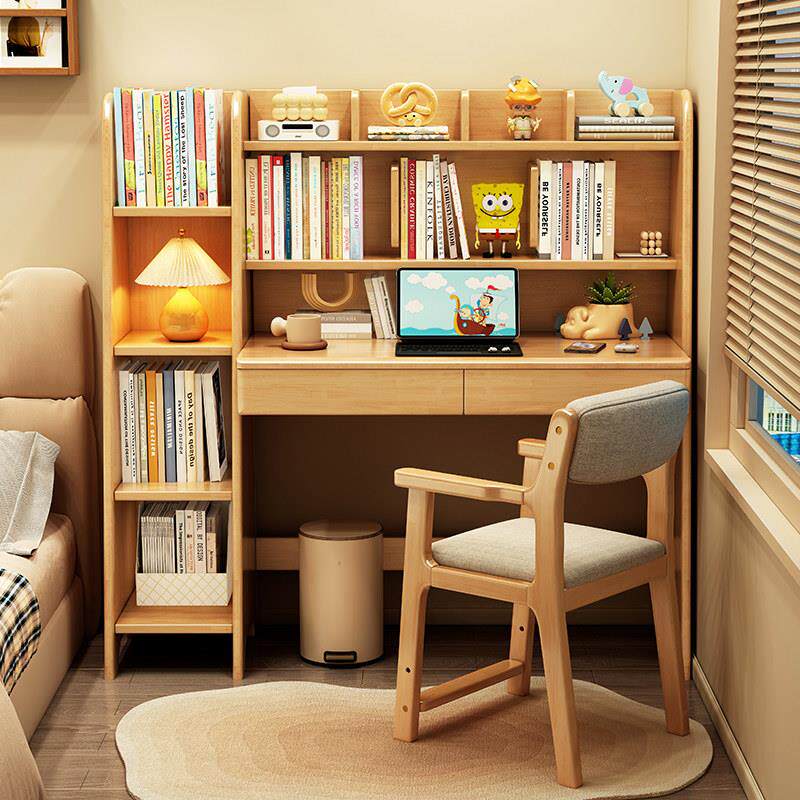 实木书桌带书架一体儿童学习桌家用小学生卧室简约写字课桌椅套装