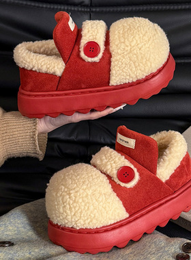 设计纽扣棉鞋厚底加绒保暖雪地靴女士冬季新款防滑毛绒棉拖鞋外穿