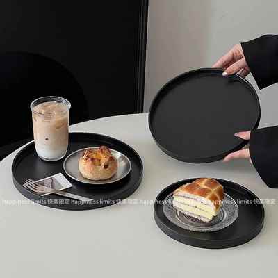 日式茶盘水果盘家用黑色圆形木托盘餐盘杯子收纳盘甜品盘蛋糕盘子