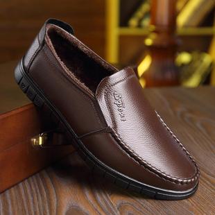 高档秋季男皮鞋真皮商务棉休闲棉鞋牛皮色男鞋子冬天加绒保士暖黑