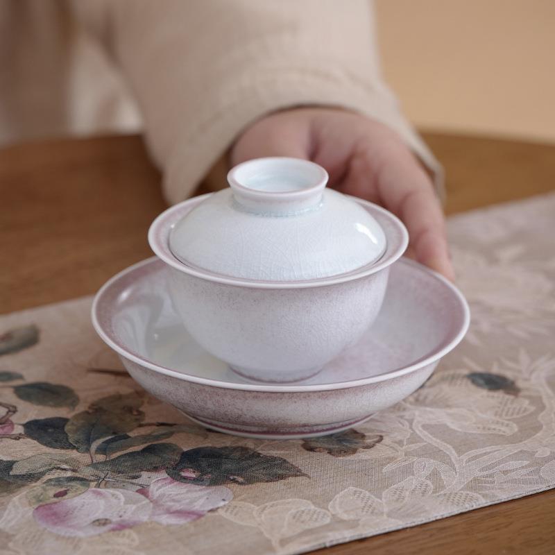 窑变樱花粉冰裂纹三才盖碗单个单个茶碗不烫手功夫茶具泡茶碗
