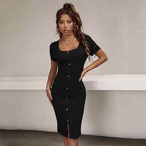 Women's slit square neck waist bag hip short sleeved dress