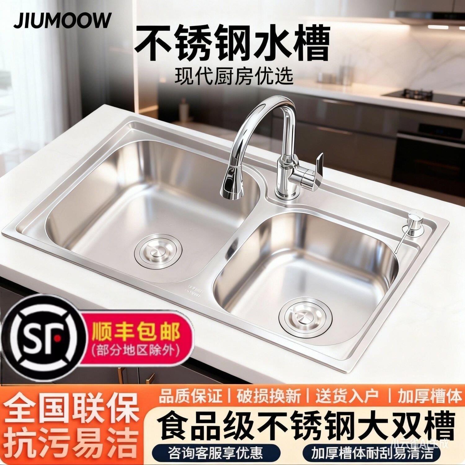 家用洗碗池水槽双槽拉丝一体厨房加厚SUS304不锈钢台上台下洗菜盆