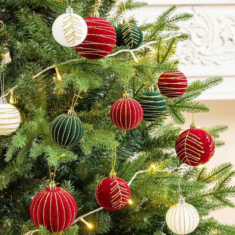 跨境植绒圣诞球酒红色绒布蝴蝶结圣诞装饰挂件6CM彩绘圣诞树吊球