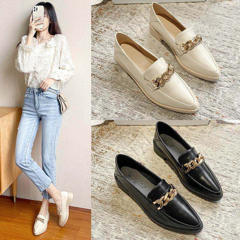 白色乐福鞋女仙女风平底2025年新款春秋季尖头小皮鞋厚底上班单鞋