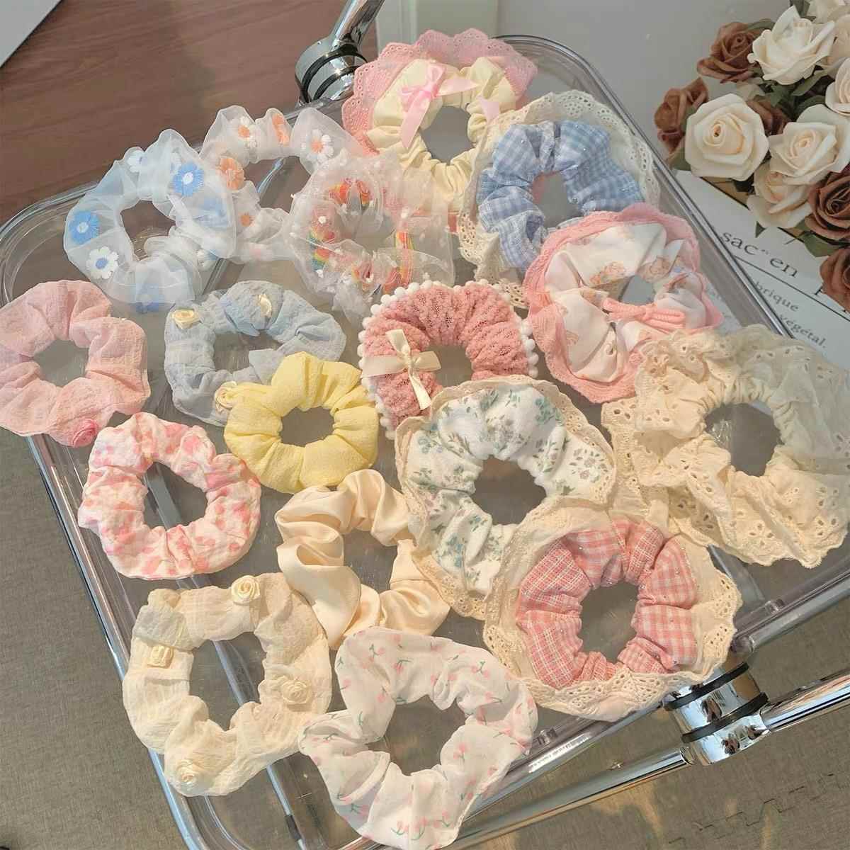 小清新夏季超仙甜美蕾丝花边大肠发圈地摊新款高颜值碎蝴蝶结发饰