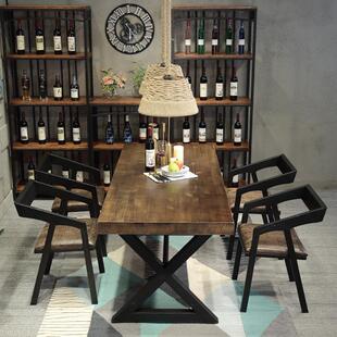 咖啡厅长桌洽谈桌实木餐桌椅组合原木家用小户型饭桌铁艺长条桌子
