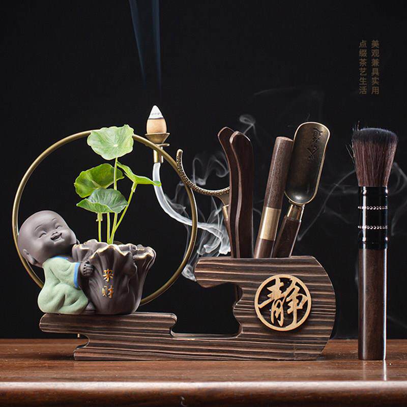 黑檀木茶道六君子套装家用创意紫砂小和尚花器倒流香茶台泡茶工具