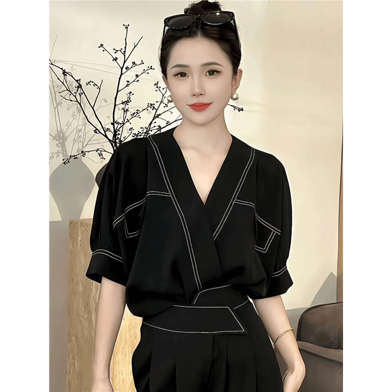 欧洲站时尚套装女宽松法式高级感V领蝙蝠袖衬衫高腰宽裤两件套