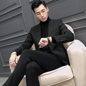 韩国专柜男士西服套装两件套韩版结婚正装外套修身休闲条纹小西装