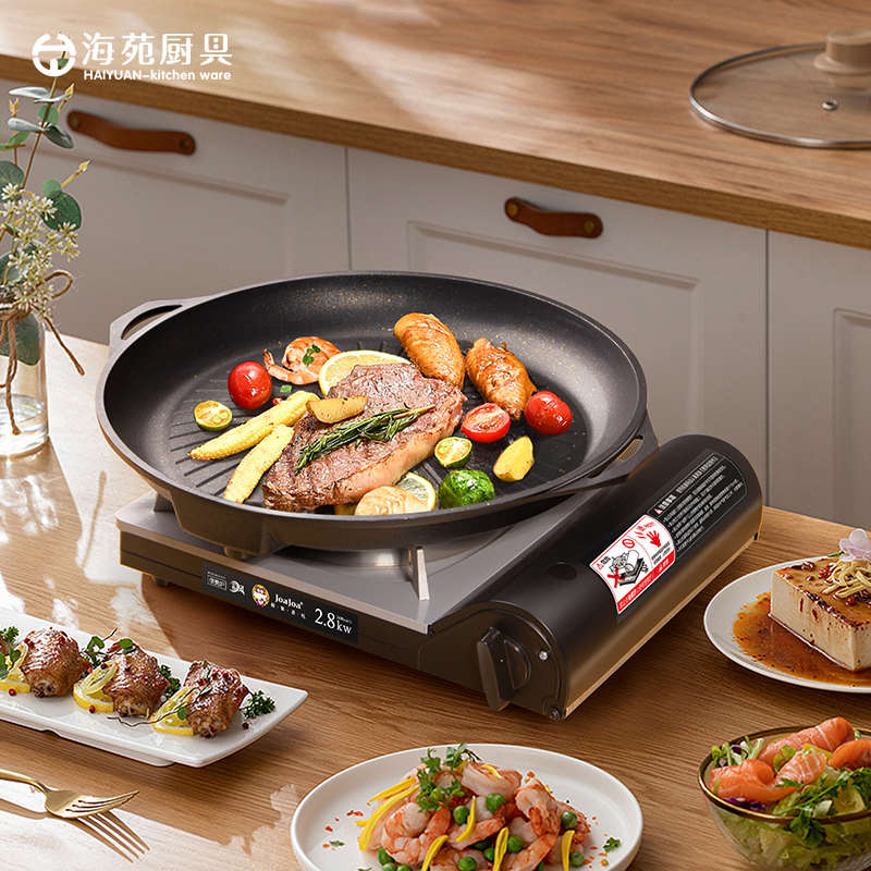 韩式烤肉锅便携式卡式炉圆烤盘铁板烧家用燃气用麦饭石不粘烧烤盘