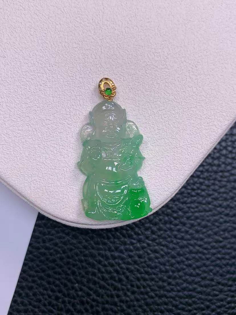 天然真品翡翠正品 水润细腻18k金镶嵌冰阳绿满阳色托塔天王吊坠