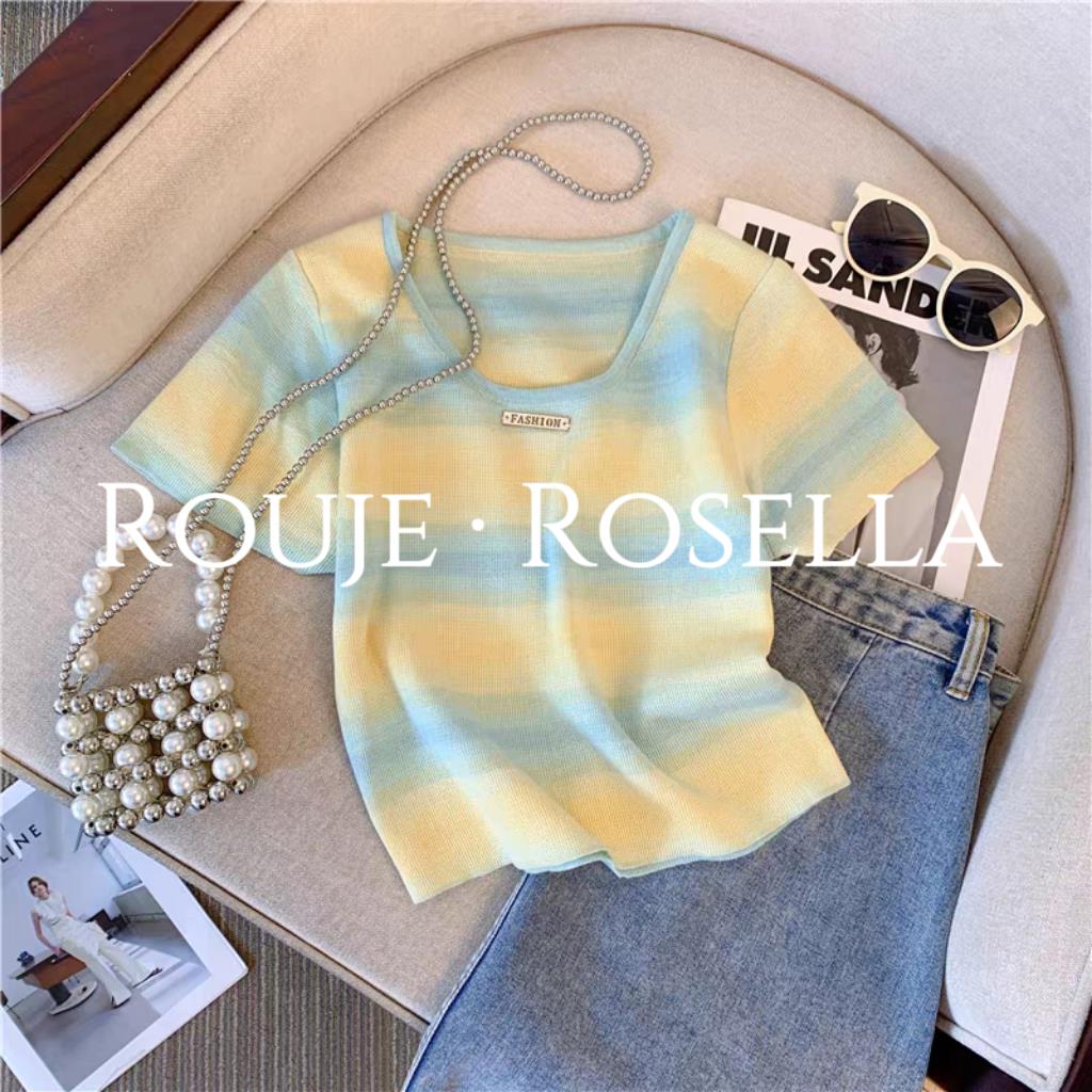 法国Rouje Rosella多巴胺彩虹条纹方领针织正肩短袖t恤女夏上衣