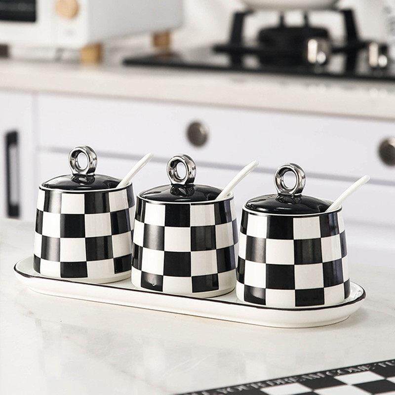 棋盘无障碍豪华陶瓷调味盒厨房家用in风调味瓶盐味精罐有盖组合套