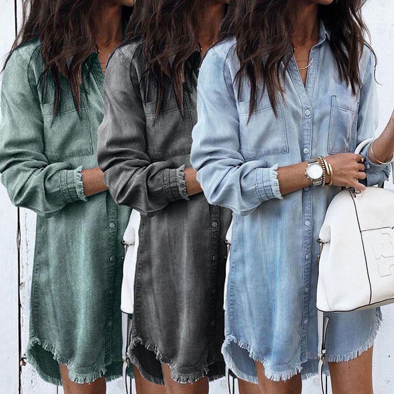 New Autumn Denim Skirt Long-Sleeved Denim Shirt Dress Denim图片