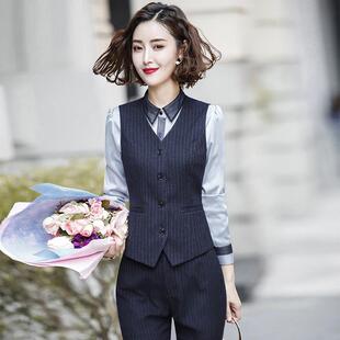 条纹马甲套装女黑色短款工装女士工作服正装背心外穿职业西装马夹