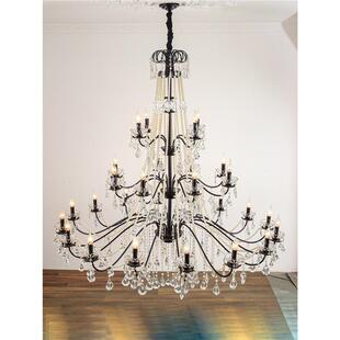 法式中古复式别墅客厅挑空大灯复古水晶蜡烛楼梯长吊灯轻奢黑色灯