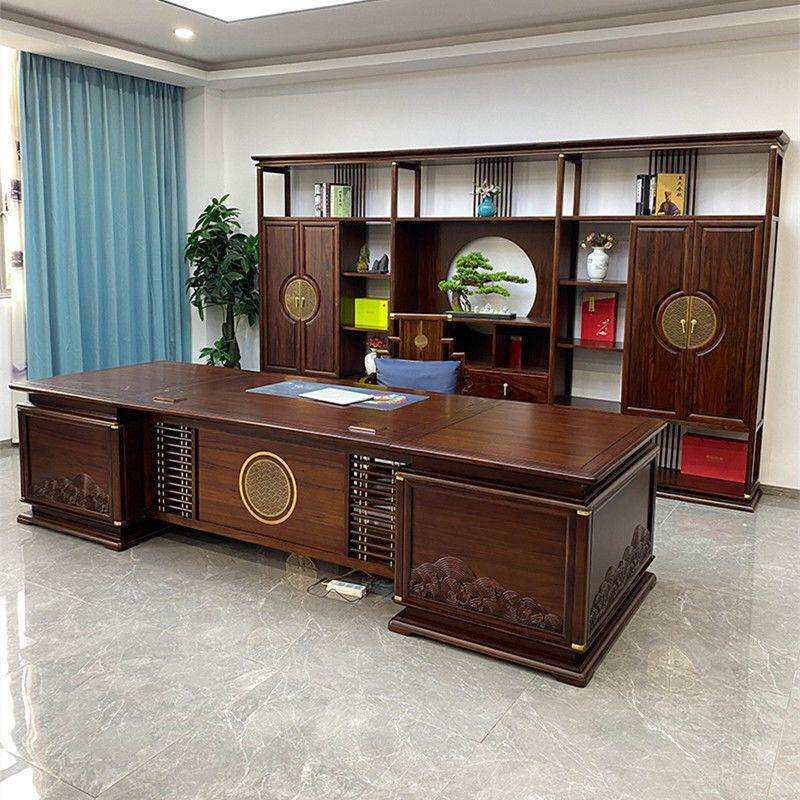 新中式办公桌乌金木老板桌大气总裁桌白蜡木大班台实木经理桌组合