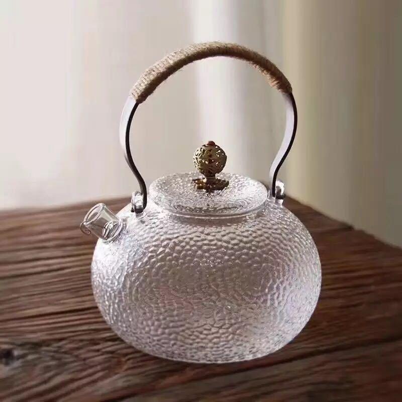 耐温玻璃茶壶提梁壶 耐热玻璃煮茶锤纹壶可以明火饮水用具